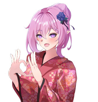 1girl alternate_costume braid breasts bun_with_braided_base elf elysia_(herrscher_of_human:_ego)_(honkai_impact) elysia_(honkai_impact) four-finger_heart_hands gude_(gudechang) hair_bun heart heart_hands highres honkai_(series) honkai_impact_3rd japanese_clothes kimono large_breasts looking_at_viewer open_mouth pink_hair pointy_ears purple_eyes red_kimono short_hair smile solo