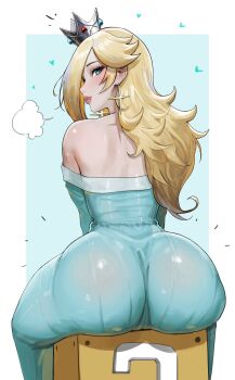 1girl ?_block aelion_draws ass ass_focus blonde_hair blue_background blue_dress blue_eyes border cameltoe commentary crown dress earrings from_behind highres jewelry long_hair looking_at_viewer looking_back mario_(series) nintendo off-shoulder_dress off_shoulder outside_border rosalina silver_crown simple_background sitting smile solo star_(symbol) star_earrings super_mario_galaxy untranslatable_commentary white_border