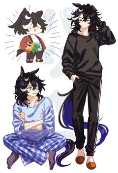 Rule 34 | 1girl, animal ears, black hair, black pajamas, black pants, black shirt, black socks, blue eyes, blue pajamas, blue pants, blue shirt, blush, checkered clothes, checkered pants, chibi, closed mouth, hair between eyes, highres, holding, horse ears, horse girl, horse tail, jagaimobeniko, katsuragi ace (umamusume), long hair, long sleeves, multicolored hair, multiple views, one eye closed, open mouth, pajamas, pants, ponytail, red robe, robe, shirt, sitting, slippers, smile, socks, solid oval eyes, streaked hair, stuffed carrot, tail, umamusume, white hair, white shirt