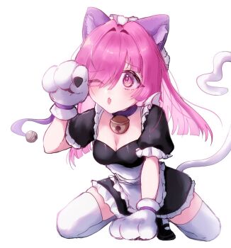 1girl animal_ears animal_hands apron bell black_dress brawl_stars breasts cat_ears cat_girl cat_paws cat_tail colette_(brawl_stars) dress frilled_apron frills hair_over_one_eye highres long_hair looking_at_viewer maid maid_apron maid_headdress medium_breasts neck_bell open_mouth pink_eyes pinku_pawlette_(brawl_stars) puffy_short_sleeves puffy_sleeves shirousa_rkgk short_sleeves simple_background solo tail thighhighs waist_apron white_apron white_background white_thighhighs