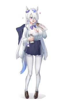 1girl alternate_costume animal_ears bag blue_eyes blue_hair blue_skirt blush bow bowtie brown_shoes collared_shirt crumbs drink_carton ear_scrunchie eating extra_ears full_body gyokuryu_(kemono_friends) hair_bow hair_over_one_eye heart highres horse_ears horse_girl horse_tail kemono_friends loafers long_hair long_sleeves milk_carton mogurii multicolored_hair open_mouth pantyhose pleated_skirt purple_bow purple_bowtie school_bag school_uniform shirt shoes sidelocks skirt slit_pupils smile snack solo tail white_hair white_pantyhose white_shirt