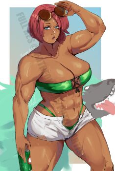 1girl absurdres bandeau bare_shoulders blue_eyes breasts cleavage dark-skinned_female dark_skin facial_mark female_focus forehead_mark giovanna_(guilty_gear) guilty_gear guilty_gear_strive highres large_breasts muscular muscular_female navel puzzledartist red_hair short_hair solo sunglasses sweat thick_thighs thighs wolf