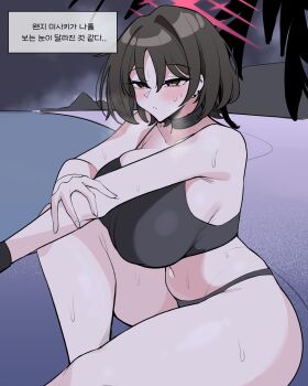 1girl absurdres alternate_breast_size_(larger) armpit_crease beach bikini black_bikini black_choker black_eyes black_hair blue_archive blush breasts character_request choker cloud cloudy_sky coconut_tree commentary_request hair_between_eyes hair_intakes halo hand_on_own_arm highres huge_breasts jahe_(73732258) misaki_(blue_archive) misaki_(swimsuit)_(blue_archive) navel ocean official_alternate_costume palm_tree short_hair sitting sky solo sweat sweatdrop swimsuit thick_thighs thighs tree