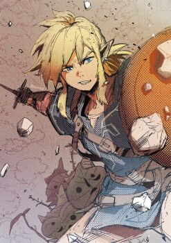 battle blonde_hair blue_eyes blue_tunic clenched_teeth creature debris earrings furrowed_brow grey_pants holding holding_shield holding_stick holding_sword holding_weapon jewelry korok leaf leaf_on_head link low_ponytail male_focus nintendo pants pointy_ears ponytail shield shiroton_(kazamineko) sidelocks stick sword teeth the_legend_of_zelda the_legend_of_zelda:_breath_of_the_wild tunic twitter_username weapon