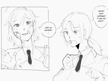 2girls ahoge bandaid bandaid_on_face commentary english_commentary english_text givvhvh greyscale highres low_ponytail medium_hair miyagi_shiori monochrome multiple_girls necktie ponytail short_hair shuuniichido_classmate_wo_kau_hanashi