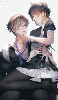 1boy 1girl alternate_costume apron assertive_female black_dress black_hair black_pants black_pantyhose blue_eyes blue_necktie blush body_markings breasts brown_hair collarbone commentary_request dress enmaided female_rover_(wuthering_waves) hair_ornament hair_ribbon hairclip hand_on_own_chin highres lipstick_mark lipstick_mark_on_neck looking_at_another loose_necktie maid maid_headdress medium_breasts nai_pizx necktie pants pantyhose parallel_hairclips ribbon rover_(wuthering_waves) shirt short_hair sitting smile sweat twitter_username white_shirt wuthering_waves xiangli_yao_(wuthering_waves) yellow_eyes yellow_ribbon