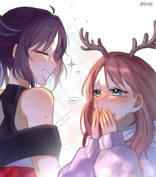 Rule 34 | 2girls, antlers, ayatsumugi roka, bare shoulders, blue eyes, blush, cho kaguya-hime!, closed eyes, commentary, dress, ear blush, english commentary, grin, highres, hood, hoodie, horns, indyskyi, looking at another, multiple girls, pink hair, purple hair, purple hoodie, sakayori iroha, simple background, smile, sparkle, sweat, tears, twitter username, white background