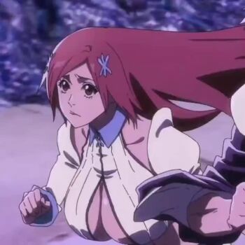 Rule 34 | 1boy, 1girl, animated, anime screenshot, bleach, bleach: sennen kessen-hen, bouncing breasts, breasts, cleavage, cleavage cutout, clothing cutout, huge breasts, inoue orihime, kurosaki ichigo, long hair, official art, orange hair, running, solo focus, sound, upper body, video