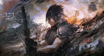 1boy absurdres aircraft armor black_gloves black_hair black_sweater buster_sword closed_mouth commentary crisis_core:_final_fantasy_vii cross_scar facial_scar final_fantasy final_fantasy_vii from_side gloves helicopter highres holding holding_sword holding_weapon male_focus outdoors ppiinnee24 profile scar scar_on_cheek scar_on_face short_hair shoulder_armor sleeveless sleeveless_turtleneck spiked_hair suspenders sweater sword symbol-only_commentary turtleneck turtleneck_sweater upper_body weapon zack_fair