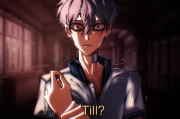 Rule 34 | absurdres, alien stage, artist name, collared shirt, commentary, english commentary, gauze on neck, green eyes, grey hair, hallway, highres, male focus, official alternate costume, red pupils, school uniform, shirt, short hair, subtitled, sweat, till (alien stage), very short hair, white shirt, willow x0