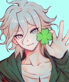 1boy aqua_background chinese_commentary clover collarbone commentary_request cyacyacyacyaki danganronpa_(series) danganronpa_2:_goodbye_despair four-leaf_clover green_jacket grey_eyes hair_between_eyes hand_up head_tilt highres holding holding_clover jacket komaeda_nagito long_bangs long_sleeves looking_at_viewer male_focus portrait sanpaku shirt short_hair simple_background smile solo tsurime white_hair white_shirt