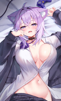 1girl absurdres animal_ear_fluff animal_ears black_choker black_skirt blush breasts cat_ears cat_girl choker commentary_request controller game_controller groin highres hololive large_breasts lying navel nekomata_okayu nekomata_okayu_(oversized_shirt) on_back open_mouth purple_eyes purple_hair shirt short_hair skirt solo sweat togemaru34 virtual_youtuber white_shirt