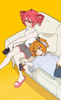 2girls a.i._voice absurdres adachi_rei alternate_costume controller couch drill_hair game_controller grey_shorts highres holding holding_controller holding_game_controller holding_remote_control kasane_teto lying multiple_girls on_couch orange_eyes orange_hair pink_slippers red_eyes red_hair remote_control senri_(hrydy_o) shirt shorts sitting sleeveless sleeveless_shirt slippers spaghetti_strap t-shirt twin_drills utau white_shirt
