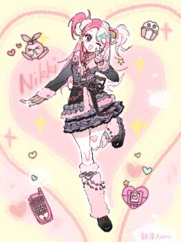 &gt;_&lt; 1girl animal artist_name badge bandaid bandaid_on_knee bandaid_on_leg bead_necklace beads belt belt_buckle black_jacket black_ribbon black_shoes blushbunny_(infinity_nikki) brown_eyes buckle cellphone chinese_commentary collared_shirt commentary_request copyright_name cupcake eyelashes flip_phone food frilled_jacket frilled_ribbon frilled_skirt frills full_body fur-trimmed_jacket fur_trim grey_belt grey_skirt gyaru hair_ornament hair_scrunchie hairclip happy head_tilt heart heart-shaped_bandaid heart-shaped_buckle heart_background heart_hair_ornament highres infinity_nikki jacket jewelry knees leg_belt leg_up leg_warmers loafers long_hair long_sleeves miniskirt multicolored_hair necklace nikki_(series) one_eye_closed open_mouth outline parallel_hairclips phone pink_arm_warmers pink_background pink_hair pink_leg_warmers pink_scrunchie pink_shirt plaid_clothes plaid_skirt pleated_skirt rabbit rainbow_hair_ornament ribbon rosie_sweetheart_(infinity_nikki) scrunchie shirt shoes skirt smile solo sparkle split-color_hair standing star_(symbol) star_hair_ornament studded_belt tamagotchi_(virtual_pet) two-tone_background two_side_up v very_long_hair virtual_pet_(toy) waist_ribbon white_outline x_hair_ornament y2k_fashion yellow_background zhenzhunaicha14817
