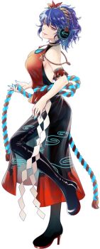 Rule 34 | 1girl, a-one, alternate costume, bare shoulders, black boots, black skirt, blue hair, boots, breasts, commentary request, full body, ginkgo leaf, hair ornament, headphones, high heels, large breasts, leaf, leaf hair ornament, looking to the side, maple leaf, mirror, red eyes, rope, shide, shimenawa, short hair, sideboob, simple background, skirt, smile, socha, solo, standing, standing on one leg, thigh boots, touhou, white background, yasaka kanako