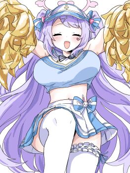 1girl blue_archive blue_visor_cap bow breasts cheering cheerleader closed_eyes commentary_request cowboy_shot crop_top facial_mark fang frilled_thighhighs frills halo hanae_(blue_archive) hanae_(cheer_squad)_(blue_archive) heart heart_facial_mark heart_halo heart_sticker highres holding holding_pom_poms large_breasts navel oppai_loli partial_commentary pink_halo pom_pom_(cheerleading) pom_poms purple_hair skin_fang skirt skirt_bow sleeveless smile solo sticker sticker_on_face tachikaze_miyako thighhighs trinity_cheerleader_outfit_(blue_archive) visor_cap white_background white_skirt white_thighhighs