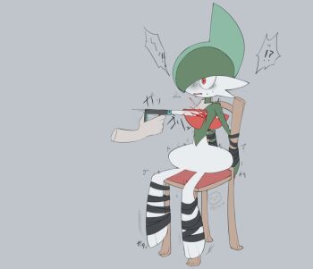 ! !! !? 1other ariumu arm_blade arms_behind_back blood bloody_weapon bound bound_arms bound_legs chair crying cutting disembodied_hand dismemberment facing_another gallade gen_4_pokemon green_hair grey_background guro hand_on_another's_neck hand_on_another's_shoulder hand_saw injury looking_at_another mohawk nintendo on_chair open_mouth pokemon pokemon_(creature) restrained saw scared sitting speech_bubble streaming_tears tearing_up tears tied_up_(nonsexual) trembling weapon wide-eyed