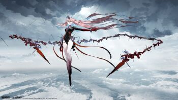 1girl absurdres bangle black_boots black_leotard blue_hair boots bracelet cloud colored_inner_hair copyright_name copyright_notice floating floating_hair full_body gloves hair_between_eyes hair_ornament highres jewelry leotard logo long_hair long_sleeves looking_at_viewer mingshuang_(xinyue_tongxing) multicolored_hair nail_(hardware) official_art official_wallpaper outstretched_arm overcast pink_hair purple_eyes red_gloves sky solo very_long_hair xinyue_tongxing