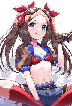 (fate) (ruler) 1girl absurdres bikini bikini_top_only blue_eyes blue_shorts blush breasts brown_gloves brown_hair collarbone da_(room) fate/grand_order fate_(series) fingerless_gloves forehead gloves goggles gun hair_ribbon highres jewelry kneehighs leonardo leonardo_da_vinci_(fate) leonardo_da_vinci_(fate/grand_order) leonardo_da_vinci_(rider)_(fate) leonardo_da_vinci_(swimsuit_ruler)_(fate) long_hair looking_at_viewer necklace parted_bangs puffy_short_sleeves puffy_sleeves red_bikini red_ribbon red_socks ribbon shibainu short_shorts short_sleeves shorts shrug_(clothing) sidelocks sitting small_breasts smile socks solo swimsuit thighs tongue tongue_out twintails vinci weapon
