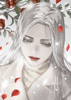 1girl aegyo_sal blackbox_(blackbox9158) breath coat falling_petals grey_eyes half-closed_eyes high_collar lee_seolhwa long_hair looking_to_the_side mistletoe omniscient_reader&#039;s_viewpoint petals plant_request portrait shirt smile snowing solo third-party_source white_coat white_hair white_shirt