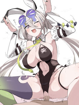 1boy 1girl ;d bar_censor black_thighhighs blue-tinted_eyewear breasts censored clothed_female_nude_male commentary_request detached_sleeves donutman eyewear_on_head fate/grand_order fate_(series) gradient_thighhighs green_thighhighs grey_hair hands_up hetero highres huyan_zhuo_(fate) huyan_zhuo_(swimsuit_berserker)_(fate) large_breasts long_hair looking_at_viewer motion_lines navel nude one_eye_closed open_mouth paid_reward_available penis purple_eyes sex single_thighhigh smile solo_focus squatting_cowgirl_position sunglasses thigh_strap thighhighs thighs tinted_eyewear twintails vaginal white_sleeves