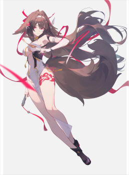 1girl a479098236 absurdres animal_ear_fluff animal_ears armlet bare_shoulders black_shoes blurry blurry_foreground bracelet breasts brown_hair brown_tail china_dress chinese_clothes cleavage closed_mouth clover clover_hair_ornament commentary_request dress droopy_ears full_body grey_background hair_ornament hairband highres holding holding_ofuda jewelry leg_tattoo long_hair looking_at_viewer medium_breasts metal_bracelet ofuda pelvic_curtain red_eyes red_ribbon ribbon shoes silver_armlet silver_bracelet simple_background solo tail tattoo very_long_hair white_dress white_hairband ye_shunguang zenless_zone_zero