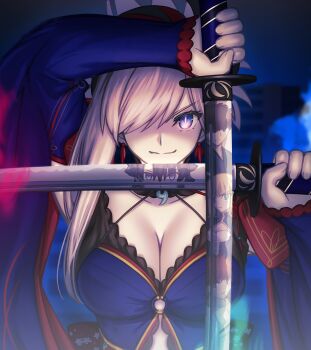 2girls 3boys artoria_pendragon_(fate) black_hair blonde_hair blue_eyes breasts cleavage commission dual_wielding earrings emiya_shirou fate/grand_order fate_(series) fujimaru_ritsuka_(male) green_eyes highres holding holding_sword holding_weapon jewelry katana magatama miyamoto_iori_(fate) miyamoto_musashi_(fate) multiple_boys multiple_girls orange_hair pink_hair pixiv_commission reflection saber_(fate) senji_muramasa_(fate) shoori_(migiha) sword weapon yellow_eyes