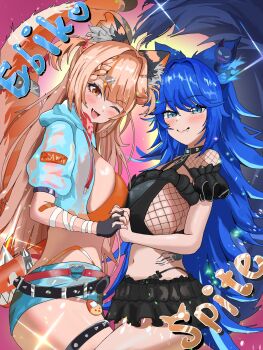 2girls ahoge animal_ears arata_(artist) ass bandaid blonde_hair blue_eyes blue_hair braid breasts cat_ears collar commentary ebiko_(vtuber) fang fishnet_top fishnets frilled_skirt frills highres hip_tattoo holding_hands indie_virtual_youtuber jacket large_breasts long_hair multiple_girls open_clothes open_jacket open_mouth orange_eyes panties short_twintails shrimp_girl shrimp_hair_ornament sideboob skirt smile spiked_belt spiked_collar spiked_thigh_strap spikes spite_(vtuber) symbol-only_commentary tail tail_belt tamagotchi tattoo thighs thong twintails underwear virtual_youtuber wolf_ears wolf_girl wolf_tail