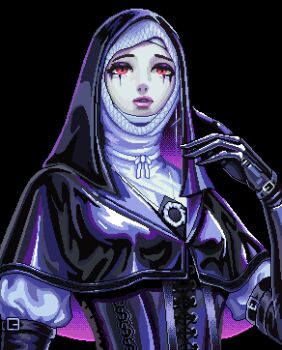 1girl absurdres arm_up black_background black_capelet black_corset black_gloves black_hood buckle capelet coif commentary corset dithering elbow_gloves elden_ring elden_ring_nightreign english_commentary gloves hand_up highres jewelry lips looking_at_viewer makeup necklace nun parted_lips pixel_art red_eyes runny_makeup solo undertaker_(elden_ring) white_coif xdeadkiv