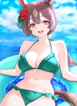1girl absurdres animal_ears bikini breasts brown_eyes brown_hair cleavage cloud cloudy_sky collarbone commentary_request flower frilled_bikini frills green_bikini hair_flower hair_ornament halterneck highres horse_ears horse_girl horse_tail long_hair looking_at_viewer navel open_mouth outdoors ponytail popoidraw satono_diamond_(umamusume) sky solo swim_ring swimsuit tail teeth umamusume upper_teeth_only water