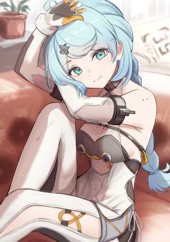 1girl absurdres bare_shoulders blue_eyes blue_hair braid braided_ponytail breasts closed_mouth clothing_cutout commentary couch cowboy_shot detached_sleeves english_commentary flower_hairpin formal_clothes hair_ornament hairpin hand_on_own_head head_rest highres indoors knee_up latex_pants looking_at_viewer medium_breasts mole mole_on_shoulder on_couch pikao plant potted_plant see-through_dress_layer seed_(zenless_zone_zero) side_cutout sitting smile solo suit thigh_cutout white_suit zenless_zone_zero