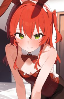 1girl absurdres animal_ears bare_shoulders bocchi_the_rock! bow bowtie brown_pantyhose closed_mouth detached_collar fake_animal_ears green_eyes highres holypotato0 indoors kita_ikuyo leotard long_hair looking_at_viewer pantyhose playboy_bunny rabbit_ears red_bow red_bowtie red_eyes red_leotard solo