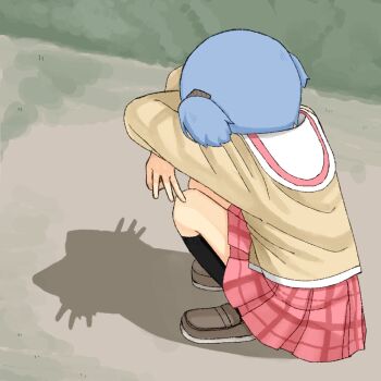 Rule 34 | 1girl, back, black socks, blazer, blue hair, brown shoes, cat shadow puppet (meme), cube hair ornament, double middle w, gingham skirt, hair ornament, highres, jacket, meme, naganohara mio, naganoharamiomio, nichijou, red skirt, sailor collar, school uniform, shadow, shadow puppet, shoes, skirt, socks, squatting, tokiwadai school uniform, white sailor collar