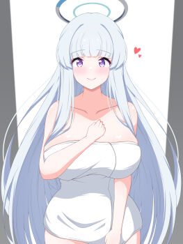 1girl bare_shoulders blue_archive blunt_bangs blush breasts collarbone grey_hair halo hand_on_own_chest highres large_breasts looking_at_viewer mayuto_illust mechanical_halo naked_towel noa_(blue_archive) purple_eyes smile solo towel white_halo
