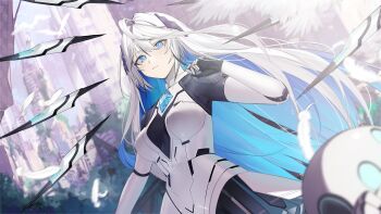 1girl absurdres android blue_eyes blue_hair breasts closed_mouth colored_inner_hair commentary_request commission eavlol_(vtuber) falling_feathers feathers floating floating_object grey_hair hair_between_eyes hand_up highres hiiragi_mikoto indie_virtual_youtuber long_hair looking_at_viewer mechanical_arms mechanical_spine medium_breasts multicolored_hair outdoors skeb_commission solo very_long_hair virtual_youtuber