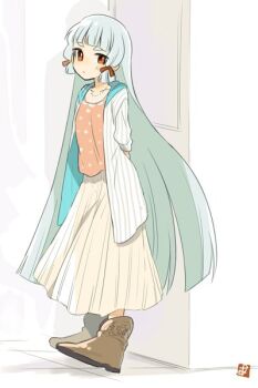 1girl alternate_costume ark_kan arms_behind_back blunt_bangs blush boots brown_boots casual closed_mouth commentary_request full_body hair_ribbon jacket jewelry kantai_collection long_hair looking_at_viewer murakumo_(kancolle) necklace open_clothes open_jacket orange_eyes pink_shirt polka_dot polka_dot_shirt red_ribbon ribbon shirt skirt solo striped_clothes striped_jacket tress_ribbon vertical-striped_clothes vertical-striped_jacket very_long_hair white_jacket white_skirt