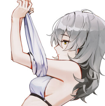 1girl arms_up bikini breasts closed_mouth commentary from_side grey_hair hair_between_eyes highres honkai:_star_rail honkai_(series) long_hair medium_breasts profile simple_background solo stelle_(honkai:_star_rail) swimsuit trailblazer_(honkai:_star_rail) undressing upper_body white_background white_bikini yanjem yellow_eyes