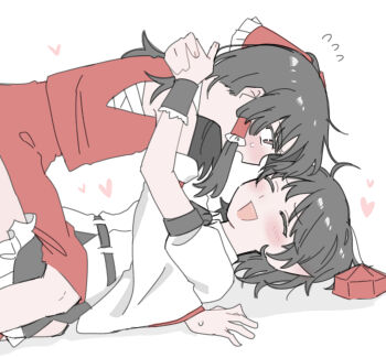 2girls belt black_belt black_hair black_skirt blush bow brown_eyes closed_eyes commentary_request detached_sleeves flying_sweatdrops frilled_bow frilled_hair_tubes frilled_skirt frills from_side hair_bow hair_tubes hakurei_reimu hat heart highres hug long_hair long_sleeves looking_at_another lying medium_hair multiple_girls on_back open_mouth pointy_ears puffy_short_sleeves puffy_sleeves red_bow red_skirt red_vest sakic43899 shameimaru_aya shirt short_sleeves sidelocks skirt skirt_set smile tokin_hat touhou unworn_hat unworn_headwear upper_body vest white_shirt white_sleeves wide_sleeves wrist_cuffs yukadon yuri