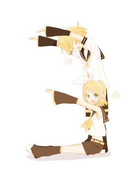 Rule 34 | 1boy, 1girl, blonde hair, blue eyes, bow, closed eyes, commentary request, detached sleeves, hair bow, headset, highres, kagamine len, kagamine rin, leg warmers, letter pose, necktie, oboro 0x0, open mouth, outstretched arms, ponytail, sailor collar, short ponytail, shorts, sitting, speech bubble, spoken number, vocaloid, white bow, white footwear