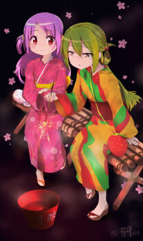 2girls alina_gray aqua_eyes green_hair hat highres long_hair looking_at_viewer magia_record:_mahou_shoujo_madoka_magica_gaiden mahou_shoujo_madoka_magica misono_karin multiple_girls purple_eyes purple_hair sengoku_chidori short_sleeves smile