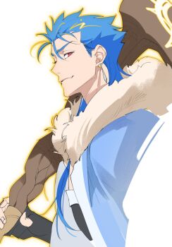 1boy blue_hair cu_chulainn_(caster)_(fate) cu_chulainn_(fate) earrings fang fate/grand_order fate_(series) fingerless_gloves fur-trimmed_hood fur_trim gloves hair_between_eyes highres holding holding_staff hood hood_down jewelry light_smile long_hair mullet outline over_shoulder red_eyes solo staff tobu_(bilibil) weapon weapon_over_shoulder yellow_outline