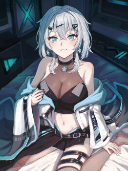 1girl absurdres asymmetrical_clothes asymmetrical_legwear bare_shoulders black_skirt black_thighhighs blue_eyes breasts character_request cleavage crop_top crossed_bangs earrings grin hair_ornament hairclip highres indie_virtual_youtuber isome jacket jewelry looking_at_viewer medium_breasts medium_hair midriff navel necklace off_shoulder on_bed open_clothes open_jacket see-through_cleavage see-through_clothes single_thighhigh skirt smile solo star_(symbol) star_earrings star_necklace thigh_strap thighhighs virtual_youtuber white_hair white_jacket