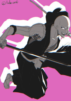 Rule 34 | 1boy, bald, bleach, bleach: sennen kessen-hen, chromatic aberration, commentary request, crazy eyes, crazy smile, greyscale with colored background, hakama, highres, holding, holding sheath, holding sword, holding weapon, hood, japanese clothes, lido an0, madarame ikkaku, male focus, open mouth, pink background, sandals, sheath, shihakusho, smile, solo, sword, twitter username, weapon