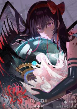 absurdly_long_hair absurdres akemi_homura akuma_homura angel_wings armlet artist_name black_dress black_gloves black_hair black_wings bow chinese_commentary commentary_request crying crying_with_eyes_open crystal_ball dress earth_(planet) elbow_gloves eyelashes faceless faceless_female feathered_wings flower full_body gears gloves hair_bow hairband hao_xihuan_chi_da_jitui height_difference highres holding_planet in_ball jewelry kaname_madoka light_particles long_dress long_hair looking_at_another mahou_shoujo_madoka_magica mahou_shoujo_madoka_magica:_hangyaku_no_monogatari mihuashi_logo parted_lips pink_hair pink_theme planet pointy_nose purple_background purple_eyes red_bow red_flower red_hairband ruins spider_lily streaming_tears tears two_side_up ultimate_madoka upper_body very_long_hair watermark white_bow white_dress white_gloves white_wings wings