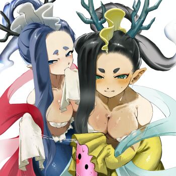 2girls absurdres bare_shoulders black_hair blue_eyes blue_hair boobou breasts cleavage collarbone commentary_request green_eyes highres izanami_(youkai_watch) large_breasts long_hair mermaid monster_girl multiple_girls no_pupils phallic_symbol plosauq8q733113 pointy_ears short_eyebrows simple_background sleeves_past_fingers sleeves_past_wrists thick_eyebrows white_background yaobikuni_(youkai_watch) youkai_(youkai_watch) youkai_watch youkai_watch_2