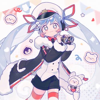 1girl :3 binoculars black_coat black_necktie black_shorts blue_hair blue_ribbon blush closed_mouth coat collared_shirt cowboy_shot fanqiealxe fur-trimmed_coat fur-trimmed_sleeves fur_trim hair_ribbon hat hatsune_miku highres holding holding_binoculars long_hair long_sleeves looking_at_viewer necktie open_clothes open_coat red_shirt red_thighhighs ribbon shirt shorts smile solo striped_clothes striped_thighhighs thighhighs twintails vocaloid white_background white_hat yuki_miku yuki_miku_(2022)