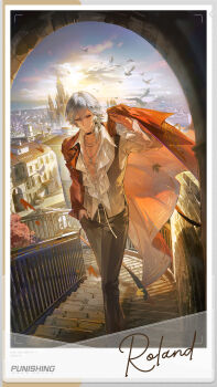 1boy absurdres arm_up barcode barcode_tattoo bird black_choker black_pants black_sclera chain chain_necklace character_name choker city closed_mouth cloud collared_shirt colored_sclera commentary copyright_name english_commentary facial_tattoo falling_leaves flock frilled_sleeves frills grey_hair grey_vest hair_between_eyes hand_in_pocket heterochromia highres house jewelry leaf long_sleeves male_focus maple_leaf mismatched_sclera necklace official_art outdoors pants polaroid_photo punishing:_gray_raven railing red_eyes roland_(pgr) shirt solo stairs striped_clothes striped_vest sunset tattoo vertical-striped_clothes vertical-striped_vest vest white_shirt yellow_eyes