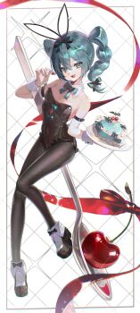 1girl absurdres animal_ears aqua_eyes aqua_hair arm_belt bicute_bunnies_miku bicute_bunnies_miku_(rurudo) black_leotard black_pantyhose bow bowtie braid cake cherry detached_collar eskm00 fake_animal_ears food fruit hair_bow hatsune_miku highres holding holding_tray leotard looking_at_viewer pantyhose solo spoon strapless strapless_leotard tray twin_braids vocaloid white_wrist_cuffs wrist_cuffs