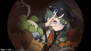 Rule 34 | 1girl, absurdres, animal ear headwear, black hat, blazer, box, cardboard box, chair, collared shirt, copyright name, copyright notice, crane game, dark, fake animal ears, fox shadow puppet, green eyes, green hair, grey jacket, hand over eye, hand up, hat, highres, indoors, jacket, leaning forward, logo, looking at viewer, neck ribbon, newsboy cap, official art, official wallpaper, orange ribbon, qingxing (xinyue tongxing), ribbon, round image, safety pin, shirt, short hair, solo, stuffed dinosaur, stuffed toy, upper body, white shirt, xinyue tongxing