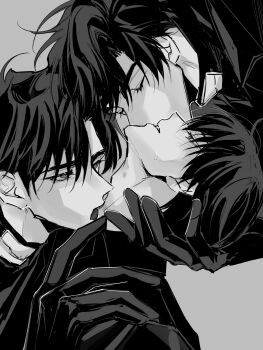 3boys black_gloves black_hair boy_sandwich bruise bruise_on_neck clenched_teeth clone_harem closed_eyes curtained_hair dual_persona flustered gloves greyscale hand_on_another&#039;s_head hand_on_another&#039;s_shoulder highres injury kim_dokja kiss licking licking_another&#039;s_neck male_focus monochrome multiple_boys omniscient_reader&#039;s_viewpoint parted_lips rhyme1863 sandwiched sexually_suggestive short_hair sweatdrop teeth upper_body yaoi yoo_joonghyuk